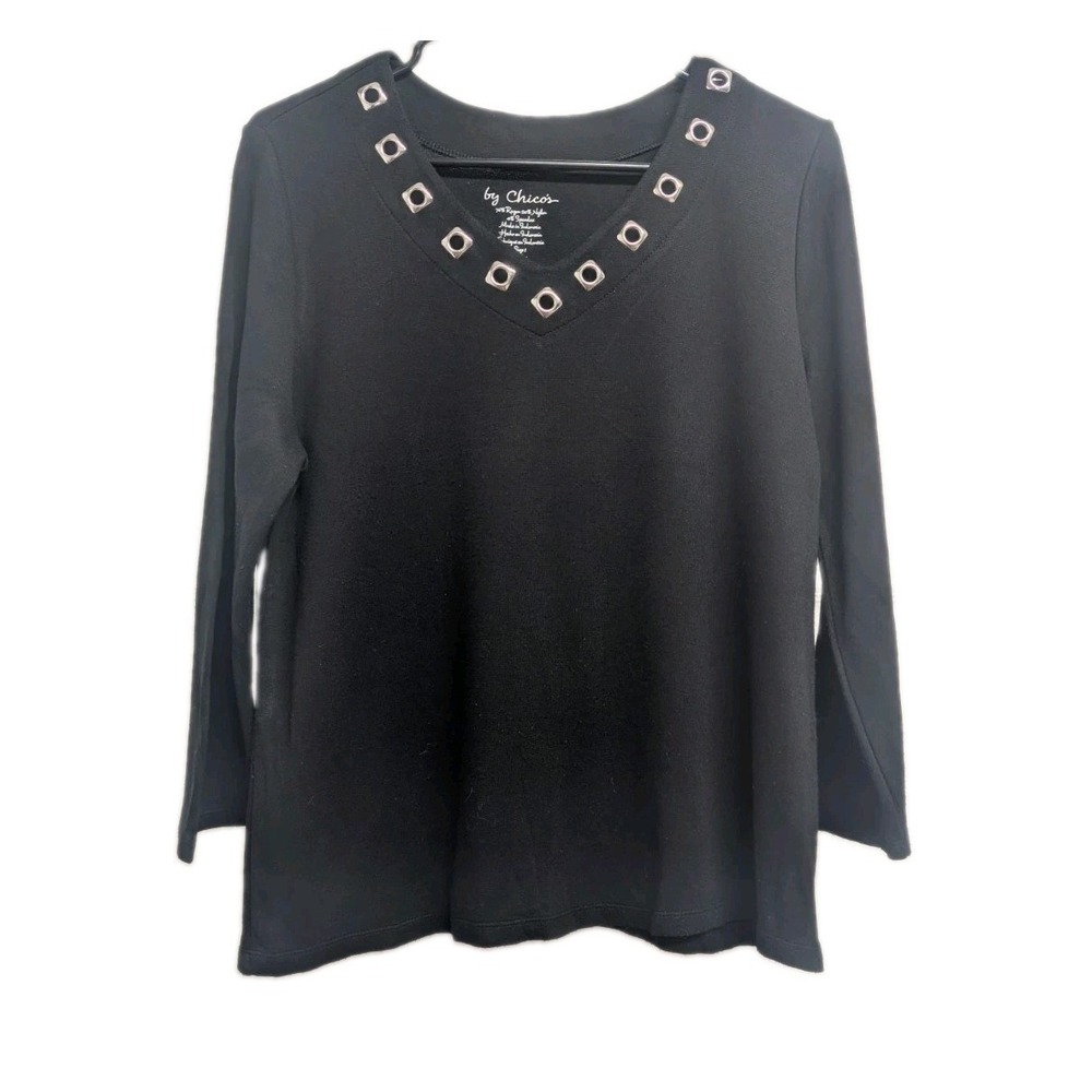 Chico's Size 1 Black V-Neck Grommet Embellished 3/4 Sleeve Stretch Knit Top